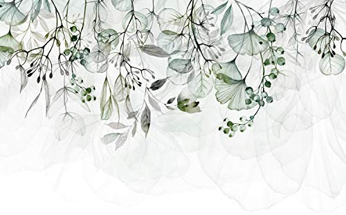 decomonkey Photo Wallpaper Green Leaf 300 x 210 cm - Watercolor Plants Wall Mural Non-Woven Murals Wall Art Fleece Modern Print Home Decoration Design Picture Abstract Retro Bedroom Living Room