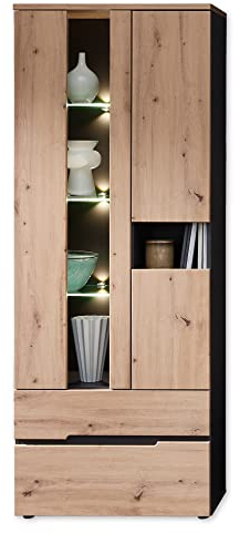 Stella Trading Memphis Vitrine in Artisan Eiche Optik, Graphit - Moderner Vitrinenschrank mit LED-Beleuchtung und viel Stauraum - 75 x 197 x 38 cm (B/H/T)