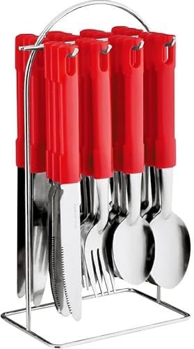 24pc Cutlery Dinner Tableware Set - Stainless Steel | with Metal Hanging Stand, Forks Tea Spoons | Dishwasher Safe & Easy Clean | Suitable for Home, Kitchen, Restaurant, Catering