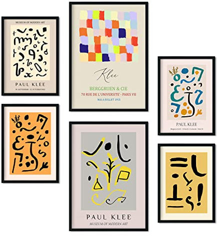 Nacnic Set von 6 Poster von Paul Klee. Sammlung von Platten mit ästhetischer Collage für Innendekoration. Größen A3 und A4. Schwarzer Rahmen.