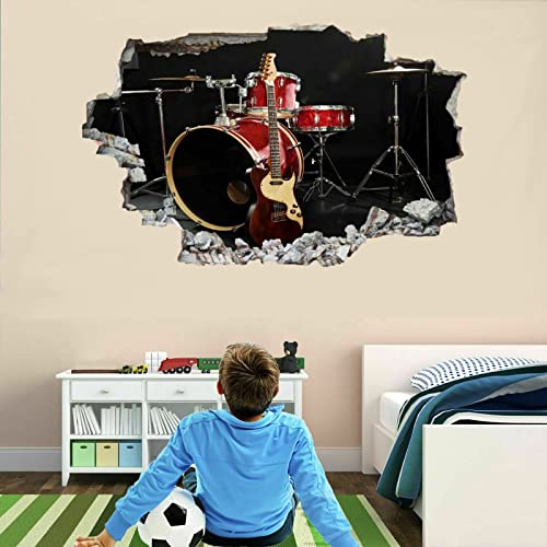 Kuletkear Schlagzeug Wandtattoo 3D Durchbruch Gitarre Wandsticker Wanddekoration selbstklebend Musik Abnehmbare Wandaufkleber Deko Schlafzimmer Wohnzimmer Kinderzimmer Kunst Wohnkultur Wandbilder