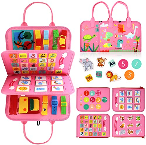 Qizfun Busy Board Jouet Montessori pour Enfant de 3 Ans et Plus - Jouets d'Activité et de Développement pour Enfants, Jouet de Voyage pour Avion et Voiture, Cadeau pour Garçons et Filles (Rose/P4)