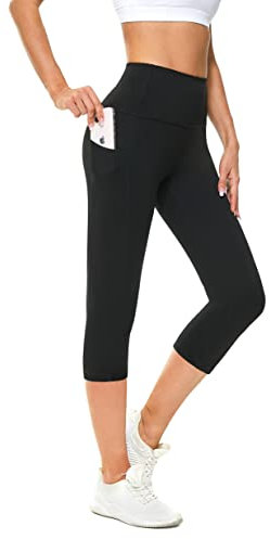 Buepeara Sport Leggings Damen Sporthose mit Taschen, High Waist Tights Laufhose Fitnesshose Für Sport & Alltag -5183-03 3/4 (Schwarz)/S