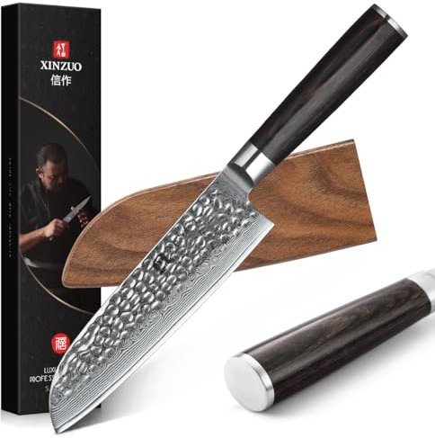 XINZUO 17.6cm Coltello Santoku, 67 Strati di Acciaio Damasco Coltello da Cucina Chef, Professionale Coltello per Verdure- Manico in Legno di Pakka- con Guaina Magnetica in Legno di Noce