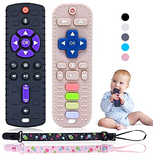 Orzbow 2 Piezas Mordedor Bebe, Mando Juguete Bebe de Silicona con Clip de Chupete y Botones Pulsables, Suave Juguetes Montessori Bebe 0-6 Meses, Mordedores Bebes 3-6Meses, Negro y Rosa Claro
