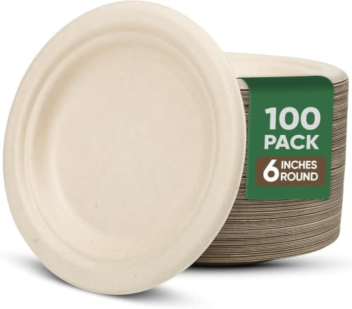 Small Paper Plates 6 Inches, 100 Pack Disposable 100% Compostable Plates | Dessert Plates, Leakproof Disposable Plates, Microwave Safe, Oil Resistant, Eco-Friendly, Small Dinnerware, Party/Picnic
