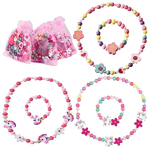 6 Stück Einhorn Armbänder Mädchen, Holz Kinder Schmuck Set, Einhorn Freundschaftsarmband Mädchen Halskette, kette kinder, Einhorn Armbänder, Kinderschmuck, Halskette Armbänder Kinder Mitgebsel