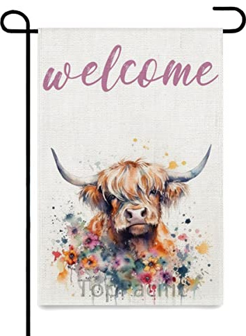 TopPacific Welcome Spring Dekorative Gartenflagge, Hochlandkuh, Büffelkariert, Hof, Außendekorationen, Sommer, Bauernhaus, Outdoor, kleine Heimdekoration, doppelseitig, 30,5 x 45,7 cm