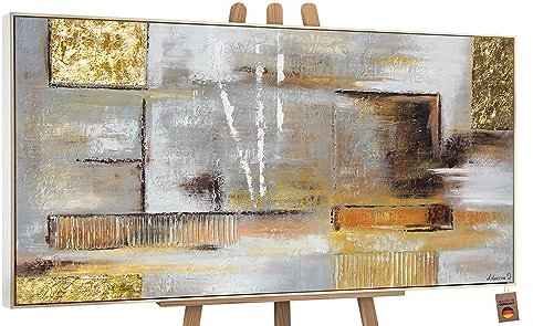 YS-Art Abstrakt Acryl Gemälde auf Leinwand goldene Abstraktion handgemalt Wandbilder Wohnzimmer modern Jugendstil Wohndekor Bilder Büro echte Kunst mit Rahmen 140x70 cm