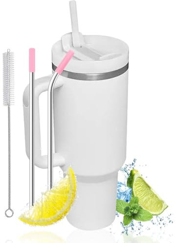 BeBeiZi Thermal Mug,1200ml 40 oz Becher mit Deckel, 2 Strohhalm, Edelstahl Thermobecher mit Henkel, Vakuumisolierte Reisekaffeetasse für Coffee, Fitnessstudio, Hause Büro(Weiß)