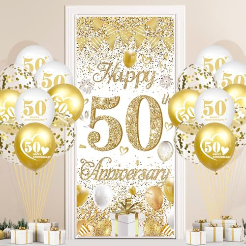 50th Anniversary Decorations - White Gold Happy 50th Anniversary Door Banner and 18pcs White Golden Balloons for Golden Wedding Party Wall Door Decor