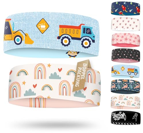 Kinder Stirnband - dünnes, ultraleichtes und elastisches Sportstirnband für Jungen und Mädchen (Doppelpackung Baustelle/Regenbogen)