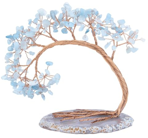 KYEYGWO Blue Aquamarine Crystal Money Tree with Agate Slice Base | 4.5 Inches Crystal Bonsai Tree, Home Office Feng Shui Decor, Attract Money Wealth Good Luck, Housewarming Gift for Women Men