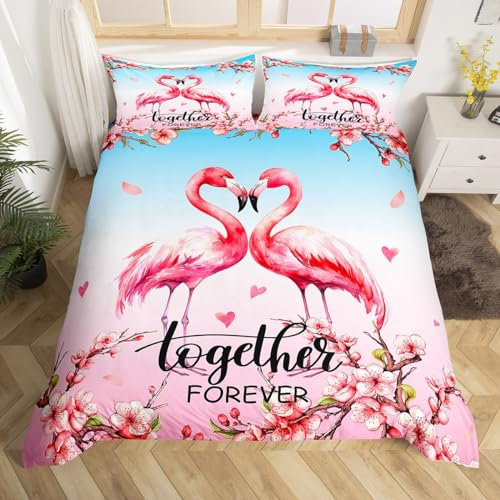Homemissing Flamingo Bettwäsche Set 135x200cm Kinder Tropisch Flamingo Muster Bettbezug Set Kirsche Blossoms Betten Set Rosa Romantisch Bettdeckenbezug Zimmer Dekoration