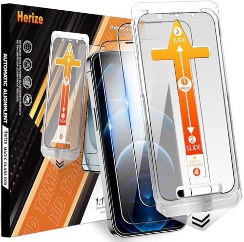 Herize 2 Pack Displayschutzfolie für iPhone 12/12 Pro, 6,1 Zoll [Auto Alignment Kit] HD Clear Tempered Glass Film, 9H Härte Kratzfest Auto Dust Removal Installation, Case Friendly