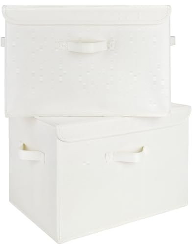 GRANNY SAYS White Storage Boxes with Lids, Pack of 2 Fabric Baskets for Shelves, Large Storage Boxes with Lids Pretty, Clothes Containers for Organising Clothes, Decorative Wardrobe Organisation