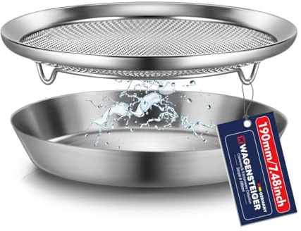 WAGENSTEIGER Stainless Steel Mesh Tray Set with Drip Pan, Air Fryer Basket and Tray, Kitchen Colander, Vegetable and Fruit Strainer, Food Filter, BBQ Prep Tool, Fruit Serving Dishes (7.48 inch)