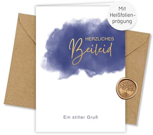 Trauerkarte mit Heißfolienprägung - Inkl. Briefumschlag & Wachssiegel - Hochwertige Kondolenzkarte aus 300g Offsetkarton - Beileidskarte Made in Germany - Aquarell Wolke