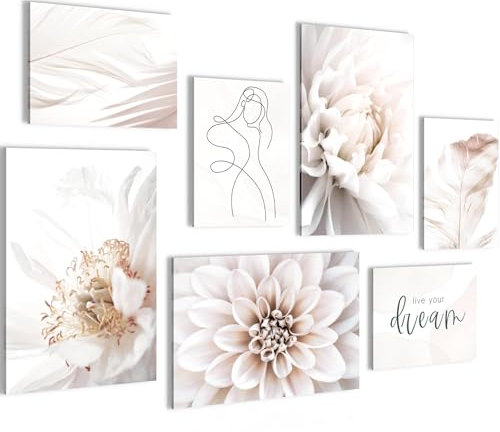 Novart Bilder Blumen Vintage - KOMPLETT AUFHÄNGFERTIG - Grau Rosa Wohnzimmer Schlafzimmer Flur - 7 Moderne Mood-Bilder - N033572a