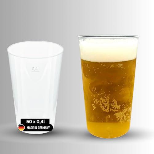 DeinPack Lot de 50 gobelets réutilisables de 400 ml fabriqués en Allemagne - Avec trait de repère - Réutilisables - Transparent en polypropylène - 0,4 l - Gobelets à bière - Gobelets de fête