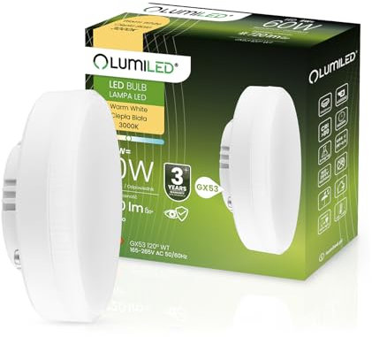 Lumiled GX53 LED, 8W 720 Lumen Leuchtmittel, 3000K warmweiß Birne Lampe Strahler Spot, ersetzt 60W 120° Grad Strahlwinkel LED Lichtquelle Energiesparlampen Schrank