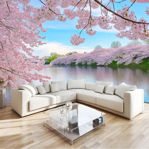 Lake 3D Photo Wallpaper Mural Pink Cherry Blossoms in Full Bloom Non-Woven Art Print Murals, Indoor Luxury Wall Painting for Living Room Tv Backdrop Kids Room Decor W200 X H140 Cm
