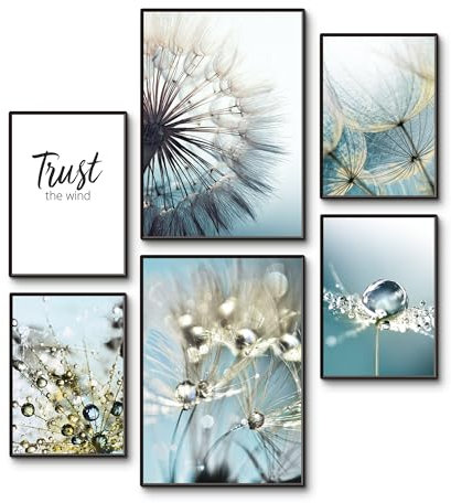 ARTLAND Premium Posterset 6er Set mehrteilig 2x A3 + 4x A4 6-teilig moderne Poster für Deko Bilderwand in Wohnzimmer Schlafzimmer OHNE RAHMEN - Pusteblumen - Trust the wind blau