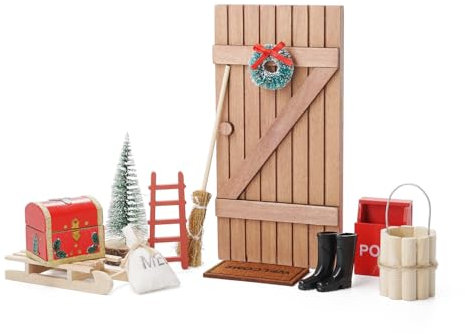 Odoria Wichteltür Zubehör Miniatur Schlitten: 1/12 Maßstab Wichtel Schuhe Leiter Briefkasten Fußmatte Weihnachten Kranz für Fee Garten Puppenhaus - Mini Werkzeug Weihnachtsbaum Hexenbesen Holz DIY