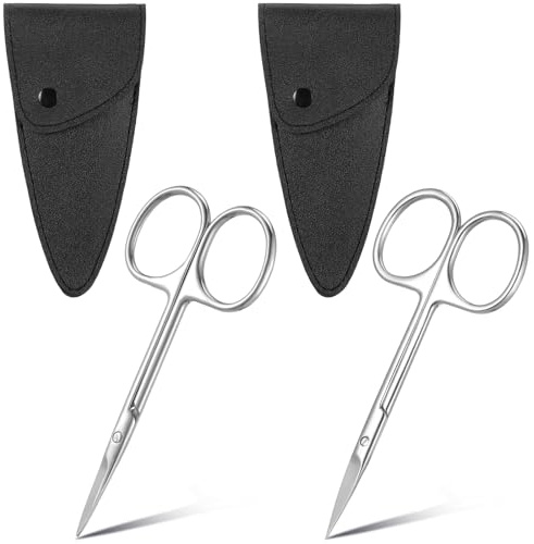 Yuanchu 2 Stück Kleine Augenbrauenschere mit PU-Scheide, Hautschere Edelstahl Nagelschere Professionelle Pflegeschere Schnurrbartschere mit gebogener gerader Spitze Nasenhaarschere für Männer Frauen