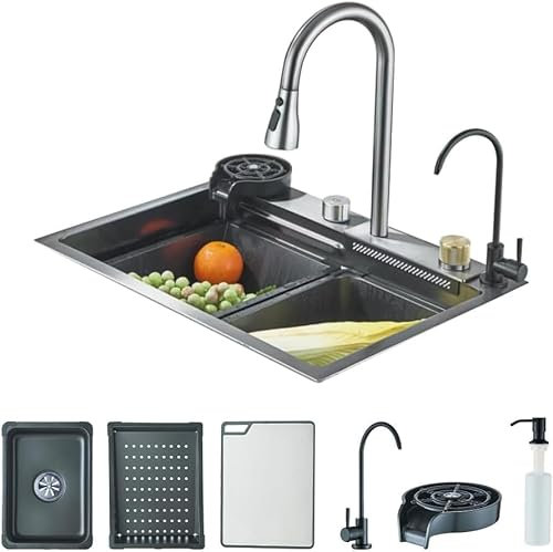Harnart Evier de Cuisine Noir Acier Inoxydable 304 Evier de Cuisine avec Robinet Extensible Set de Robinetterie Machine à Laver Les Tasses Planche à Découper Eau Pure (60 * 45 * 21 cm)