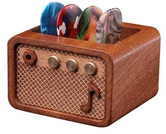 CoolGift Mart Guitar Accessories, Sapele Wood Electric Guitar Amp Shaped Guitar Pick Holder, Gift for Guitar Players Guitarists for Picks Storage and Display