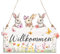 Türschild Herzlich Willkommen Schild aus Holz Osterdeko Frühlingsdeko, Beidseitig Bedrucktes Türschild Willkommen & Hallo Frühling – Frühlingsdeko Ostern Deko für Haustür, Vintage Zuhause, Garten