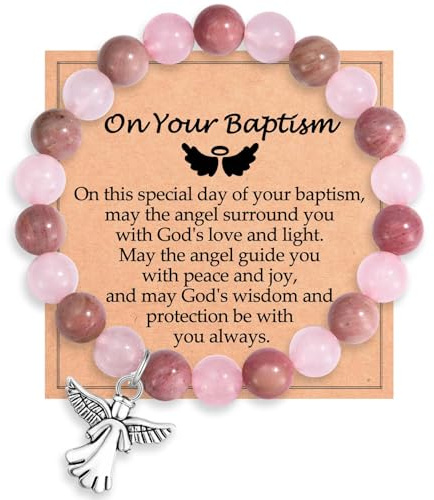 ADVIOK Baptism Bracelet Guardian Angel for Teen Girls Daughter Granddaughter Natural Red Rhodonite & Pink Crystals Confirmation Gift