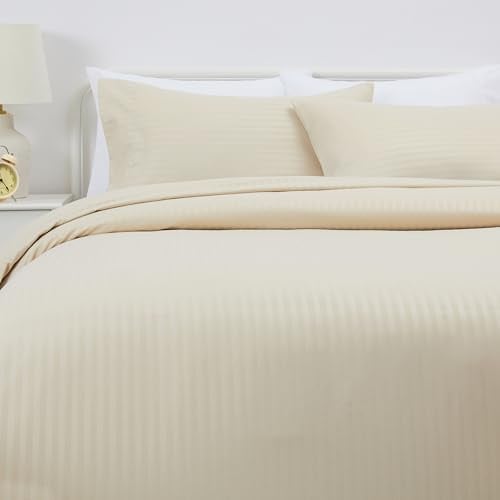 Amazon Basics Juego de Funda nórdica Cama 150/160 de Microfibra, 3 Piezas, Funda de edredón 240 x 220 cm y 2 Fundas de Almohada 50 x 80 cm, Beige, Rayas