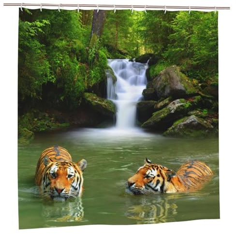 YUAOEUR 3D-Garten-Duschvorhang, 180 x 180 cm, Motiv: tropischer Wasserfall, Tiger, See, Dschungel, Wald, Bild, Outdoor, Garten, grüne Bäume, Badezimmer, personalisierbar, Dekostoff mit Haken