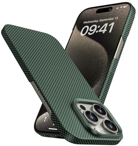 BENKS ArmorTint Hülle für iPhone 15 Pro Kompatibel mit Magsafe, Ultradünne Handyhülle aus Dupont Kevlar 1000D Aramidfaser, Leichte Magnetische Schutzhülle mit Kameraschutz, Aurora Grün