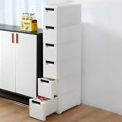 C·Kalosa Badezimmerschrank schmal, Badschrank, Beistellschrank mit 6 Schubladen, 42x19x109 cm, für Badezimmer, Wohnzimmer, Esszimmer, Küche, modern, weiß
