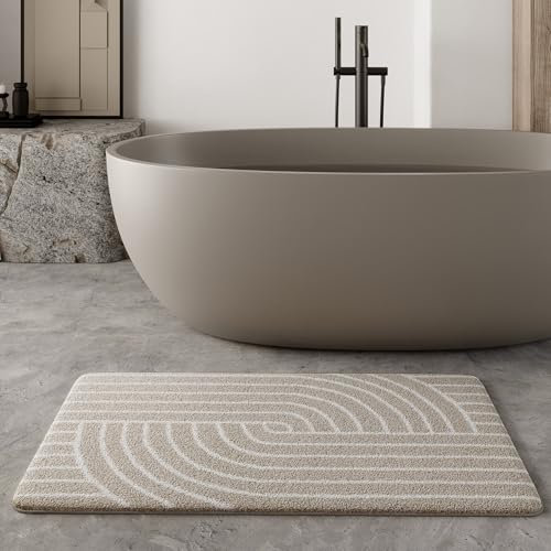WECONhome Hilda – Moderner Retro-Badteppich mit Rutschfester Rückseite, Standard 100 by Oeko-TEX Zertifiziert & maschinenwaschbar – Weich, pflegeleicht & stilvoll fürs Badezimmer (70 x 120 cm, beige)