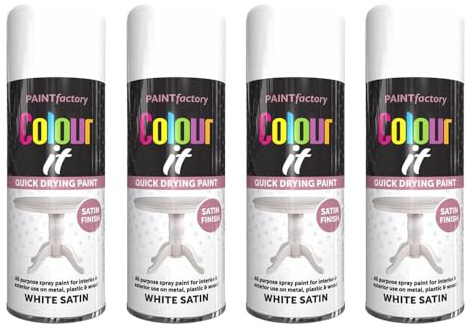 Spray Paint White Satin Finish 400ml - 4 Pack Quick Dry Aerosol Can All Purpose for Wood, Metal, Plastic, Interior & Exterior