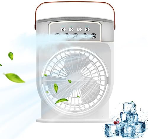 Portable Air Cooler Evaporative Fan with 3 Wind Speed AC Unit Desk Fan with Mist and Night Light USB Rechargeable Humidifier Cooling with 600ML Water Tank White