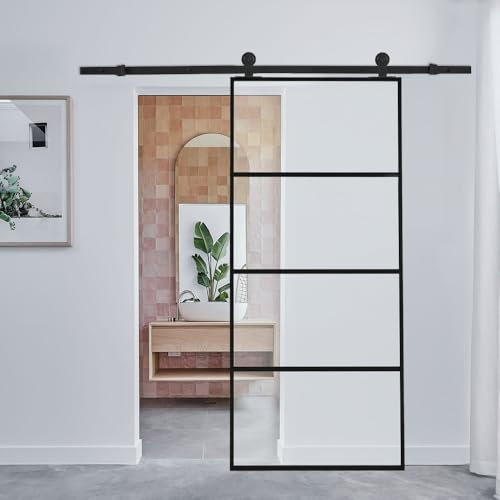 Porte de grange coulissante en verre transparent avec rail de 1,8 m pour décoration d'intérieur, installation facile, design moderne durable