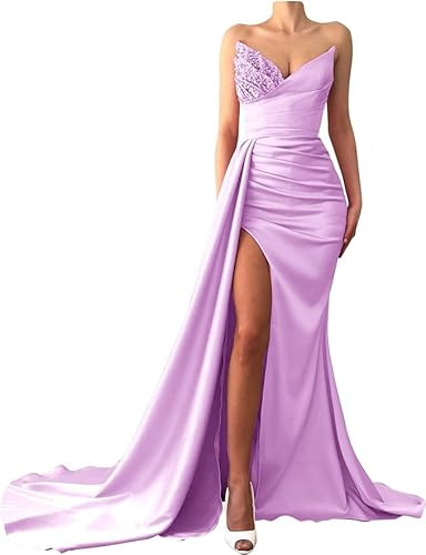 Genérico Vestido de Gala de satén Vestidos de Corte Sirena sin Tirantes para Damas de Honor Vestido de Fiesta con Lentejuelas y Abalorios Lila XXL