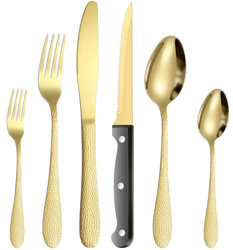 Premium 24-Piece Golden Stainless Steel Cutlery Set with Steak Knives (Hammered Gold)