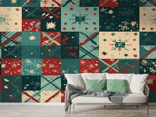 Selbstklebende Tapete Weihnachten Schneeflocke Patchwork Wandbilder, Vlies Fototapete mit Kariert Winter Festival Motiv, 3D Effekt Wandtapete Deko, Abziehen & Aufkleben, 200x140 cm - K-568