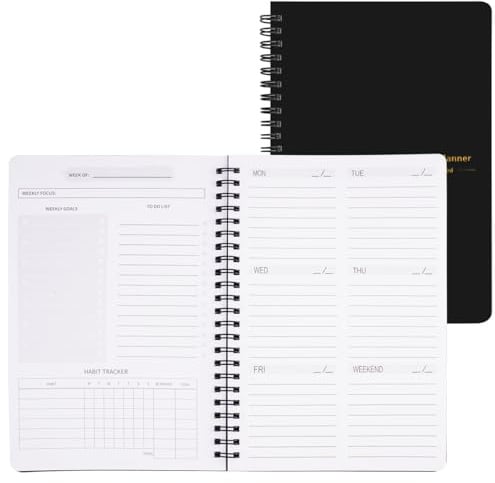 Tagesplaner Undatiert A5, Weekly Planner 52 Blätter 104 Seiten, 21x14cm | Wochenplaner Block, To Do Planer, Daily Planners Notizblock, Spiralblock HardCover, für Office Schule Organizer (Schwarz)