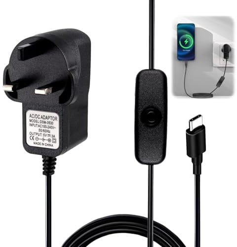 USB C Power Supply for Raspberry Pi 4 With On Off Switch 15W 5V 3A PD Power Adapter UK Plug Compatible with Raspberry Pi 4B 3B Orange Pi 5 5B 5 Plus and Most Phone Laptop Electronic Product
