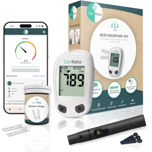 Go-Keto - Medidor de cetonas (mg/dl) - Keto Meter con 10 tiras de prueba de cetonas - Fácil medición de cetosis para dieta cetogénica