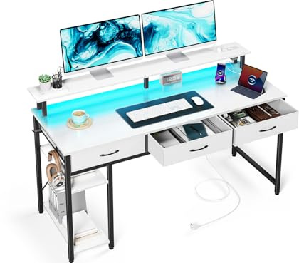 Seventable Schreibtisch mit Schubladen, Computertisch mit Steckdosen & LED, Gaming Tisch mit Monitorständer, Regal & 2 Haken, Gaming Schreibtisch für Büro, Wohnzimmer (Weiß, 120 cm)