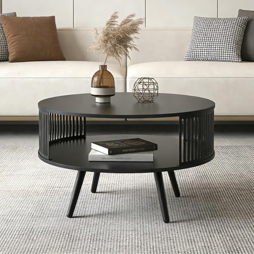 LZLUCKCOME Runder Couchtisch Ø 75 cm mit Ablage, Wohnzimmertisch Schwarz | Moderner Sofatisch mit 2 Ebenen und Metallgestell für Wohnzimmer
