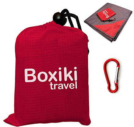 Boxiki Travel Kompakte Picknickdecke, wasserdicht, Stranddecke, leichte, zusammenklappbare Plane mit roter Tasche für unterwegs. Outdoor-Campingdecke mit Clip zur einfachen Befestigung